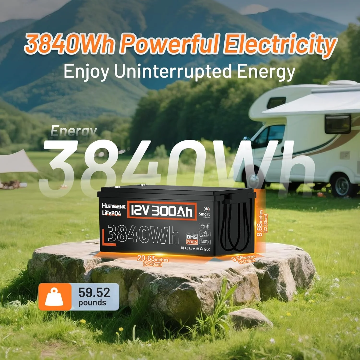 Humsienk 12V 300Ah Lithium Iron Phosphate Bluetooth Battery Built-in 200A BMS Great A+ Cells For Camping, Boating, Fishing, etc