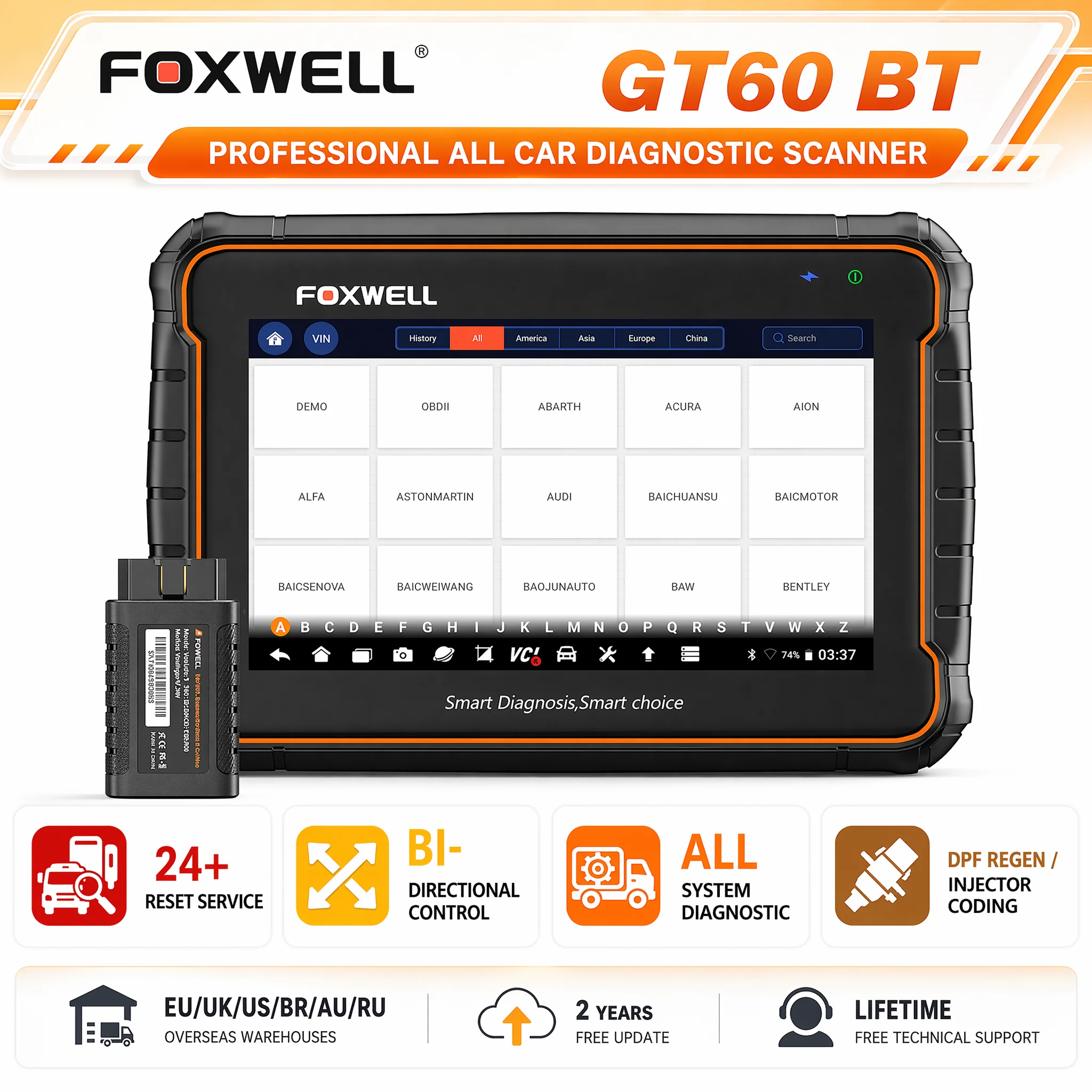 FOXWELL GT60 Vehicle Diagnostic Scanner OBD2 Bidirectional Scan Tool All System 24 Resets ABS SAS TPMS DPF Bluetooth Active Test
