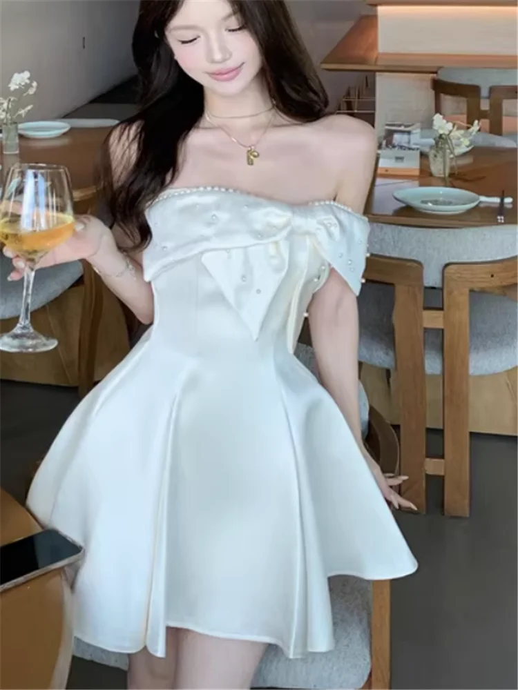 celebrity birthday party dresses Stunning Girl Big Bow Little Dress 2026 New Summer Elegant Lady Strapless Slash Neck A Line Mini Dress Size:Size 26W Knee-Length Cocktail & Party spring2026 Bridal gowns