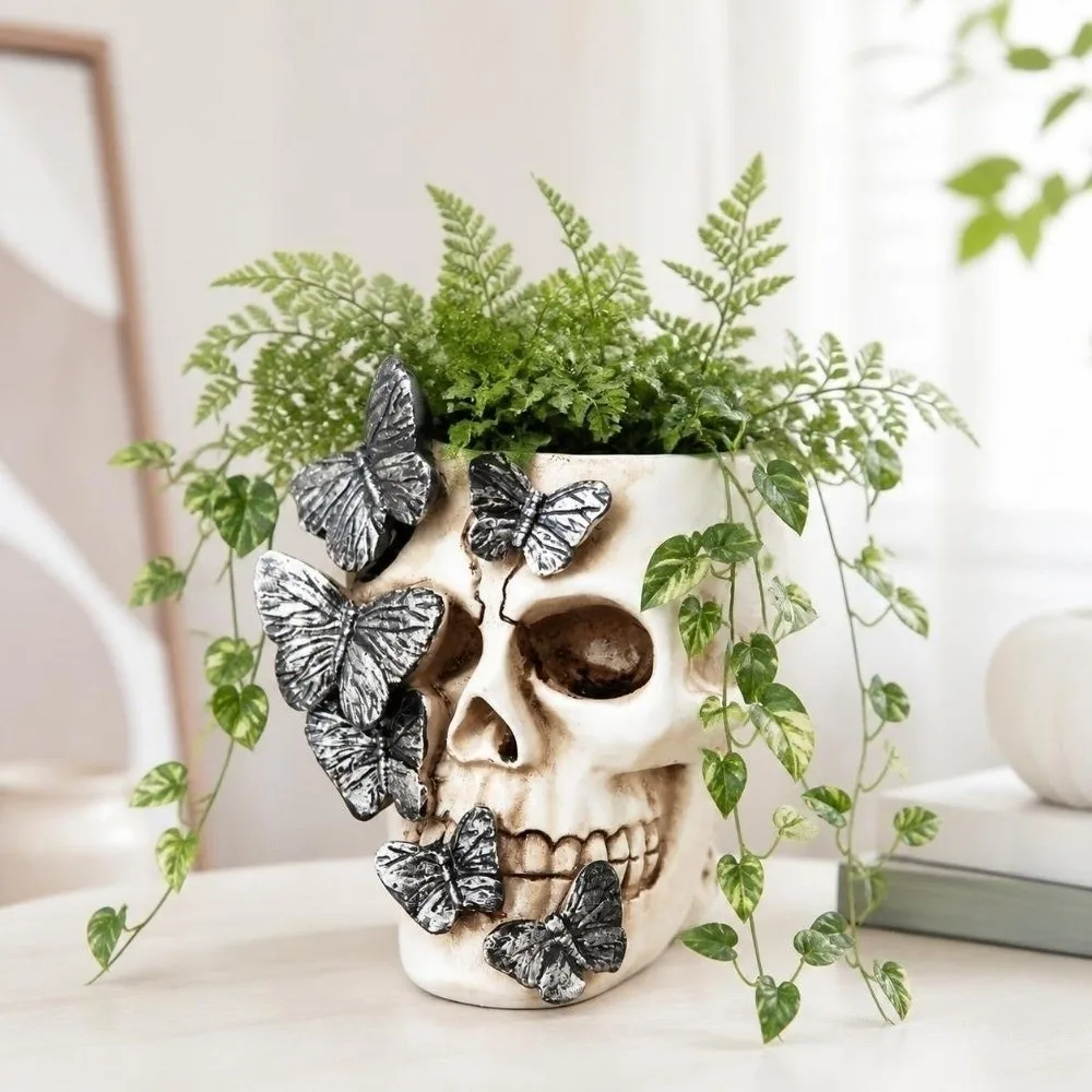 Storage Holder Gothic Butterfly Skeleton Statue Funny Home Decorations Flower Pot Large Capacity Vase Skull Pen Box Halloween