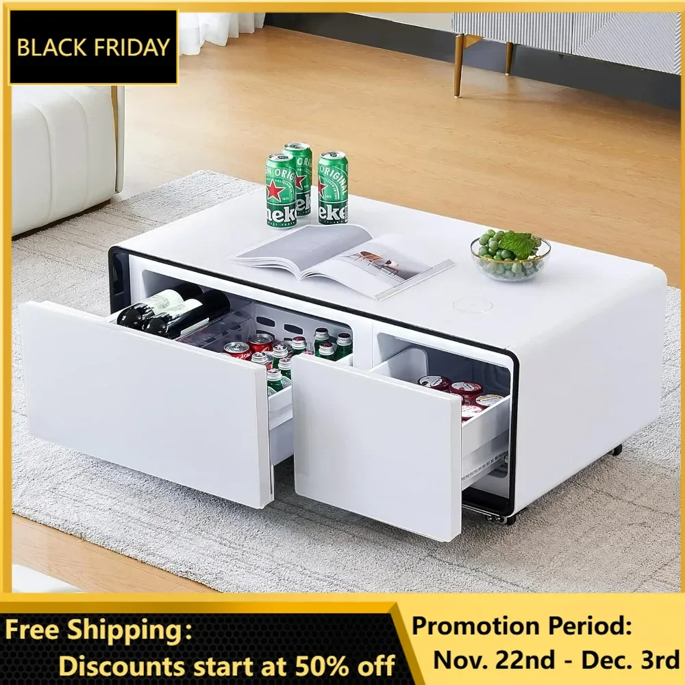 Smart Coffee Table with Fridge, 90L Smart Table with Built in Fridge, Wireless Charger, USB Port, for Living Room Reception Room