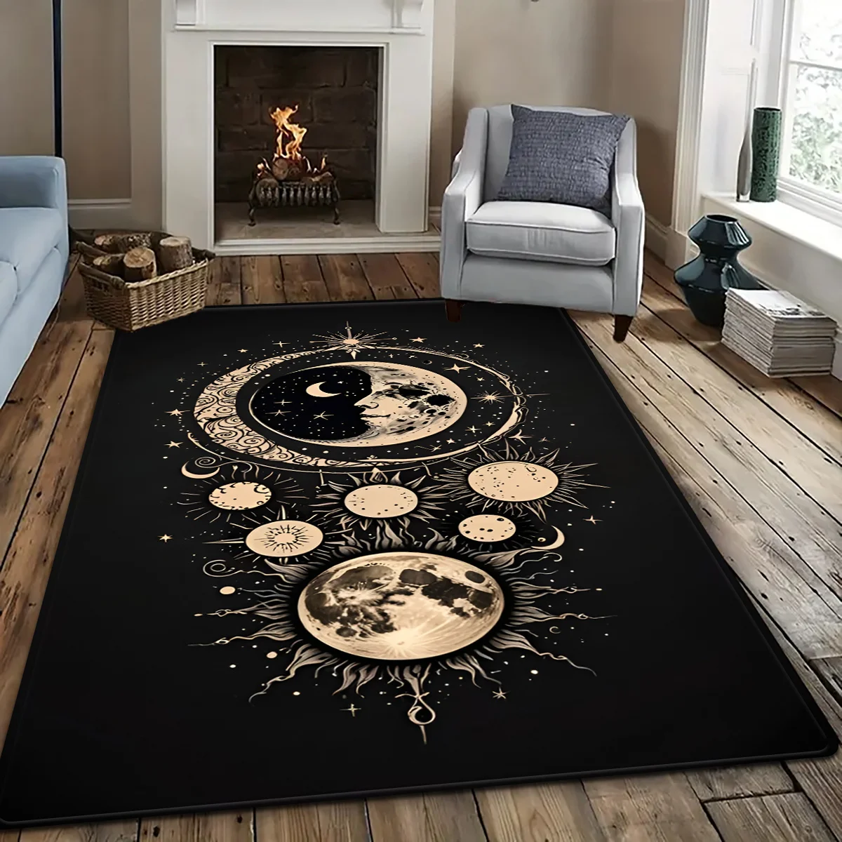 2D‑Printed Black Lunar Surface Square Rug, Decor for Living Room, Bedroom, Gatherings, Indoor‑Outdoor Parties