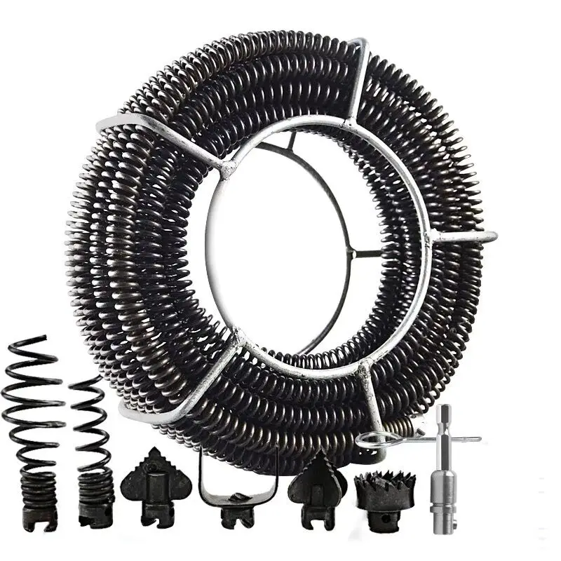 15M Length Household Drain Pipe Dredger Extension Spring Set Sewer Dredger Compression Spring With Connector For 10-100MM Pipe