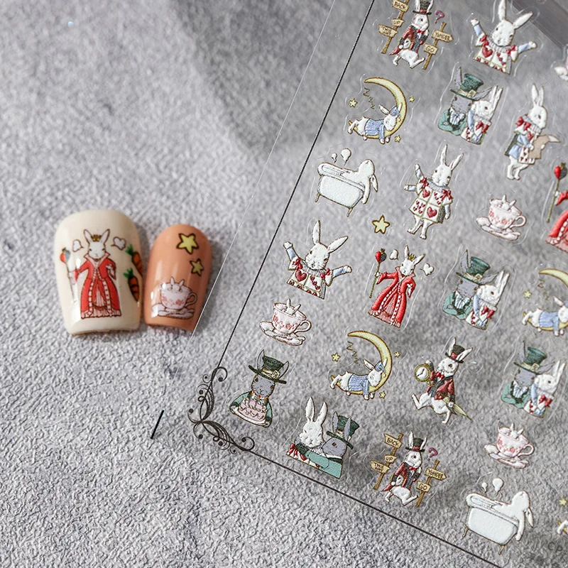 5D Relief Cute Fairy Tale Rabbit Kingdom Dream Moon Adhesive Nail Art Stickers Decals Manicure Ornaments Accessories