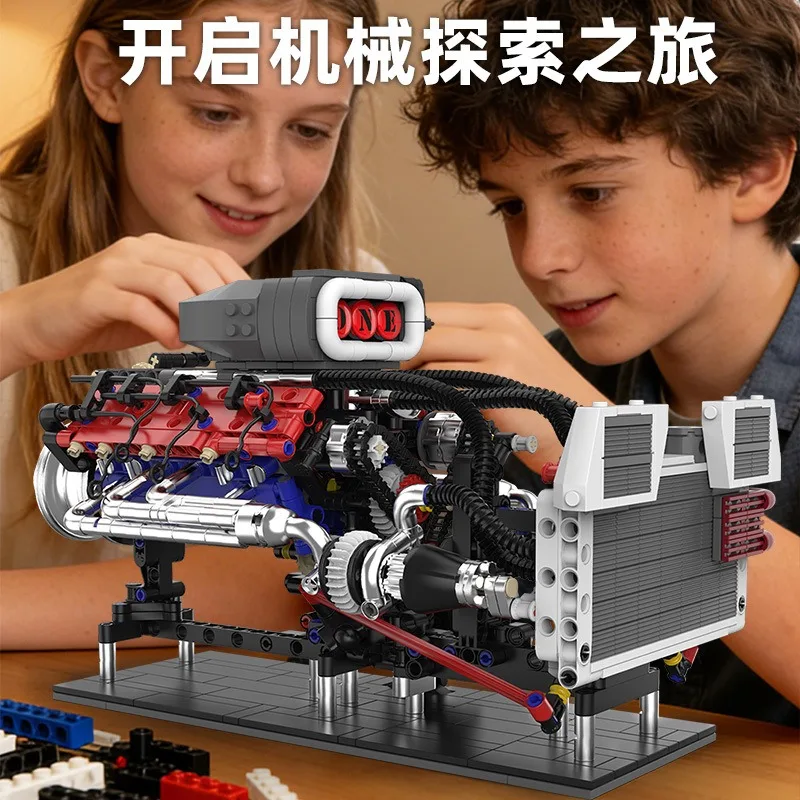1145pcs American Supercharged V8 Engine Building Blocks MOC Mechanical Truck Motor Model Bricks DIY Educational Toys for Boy