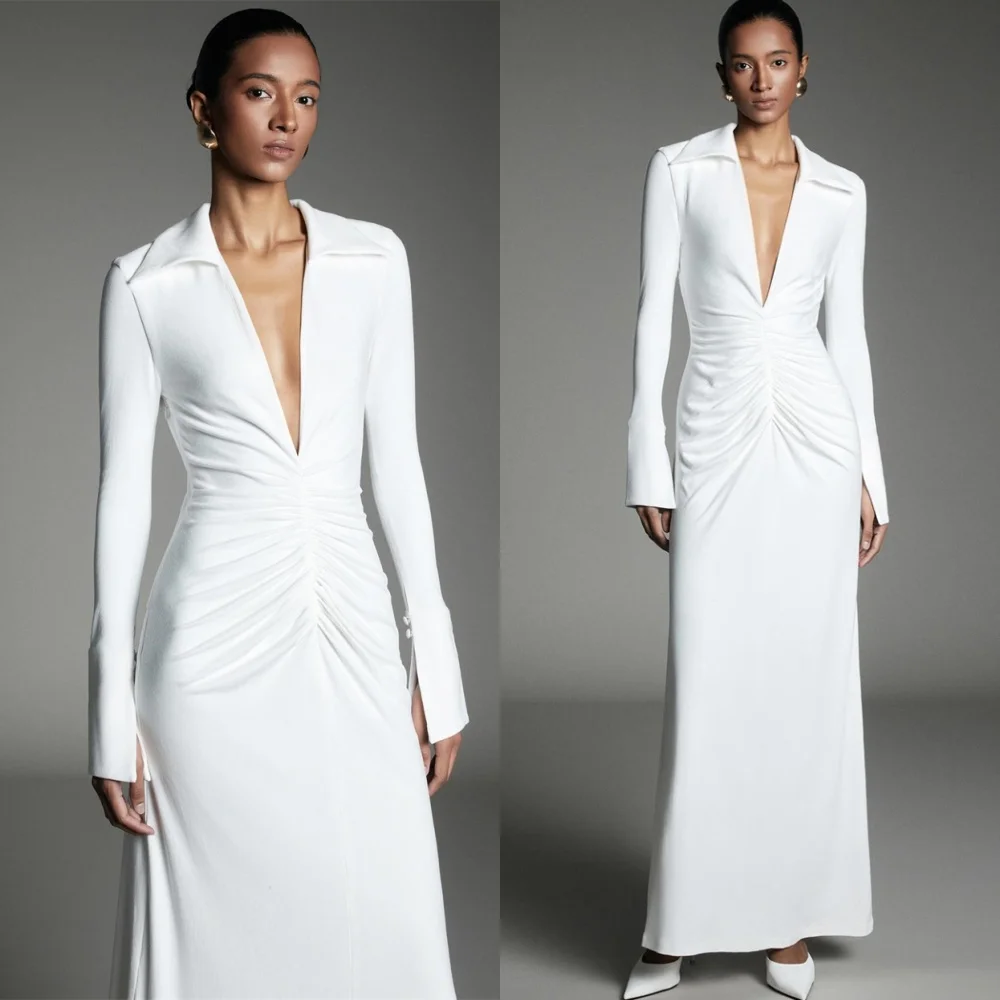 

Customized Formal White Jersey Evening Dress Classic V-Neck Long Sleeves Homecoming Dresses Temperament Special Occasion Gowns