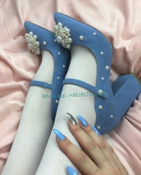 

Chunky High Heel Denim Pointed Toe Mary Jane Shoes Women Rhinestone Pearl Buckle Sandals Lady Cute Dress Luxury Shoes New 2022