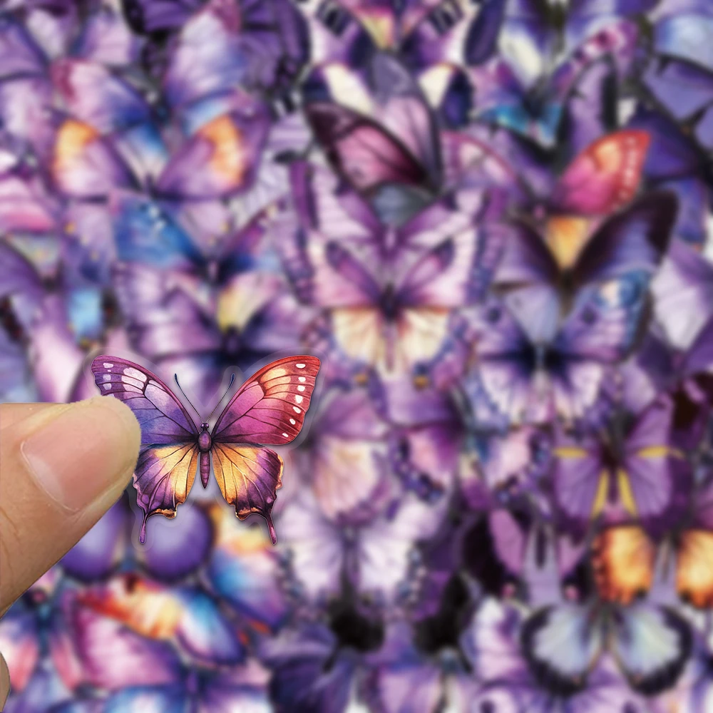 50pcs purple butterfly stickers, suitable for decorating mobile phone helmets, laptops, skateboards, waterproof PET stickers
