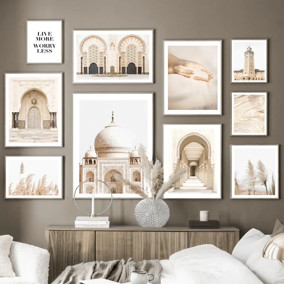 Taj Mahal Mosque Moroccan Arch Reed Islamic Canvas Paintings, Wall Art Posters, Prints Pictures, Living Room, Interior Home Deco