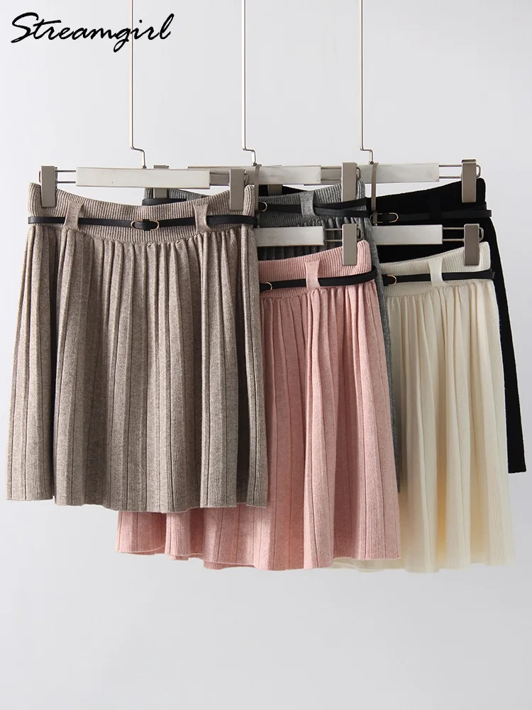 

Черная плиссированная мини-юбка с поясом, женская осень-зима, розовая короткая юбка с высокой талией, женская вязаная белая мини-юбка для женщин