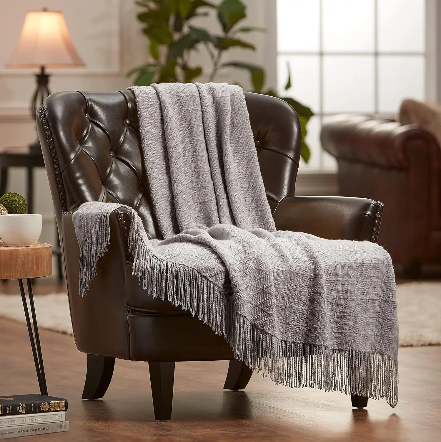 

Premium Grey Throw Blanket With Tassels - Acrylic Knitted Super Soft Fluffy Warm Cozy Lightweight Chic Boho Blanket For Bed