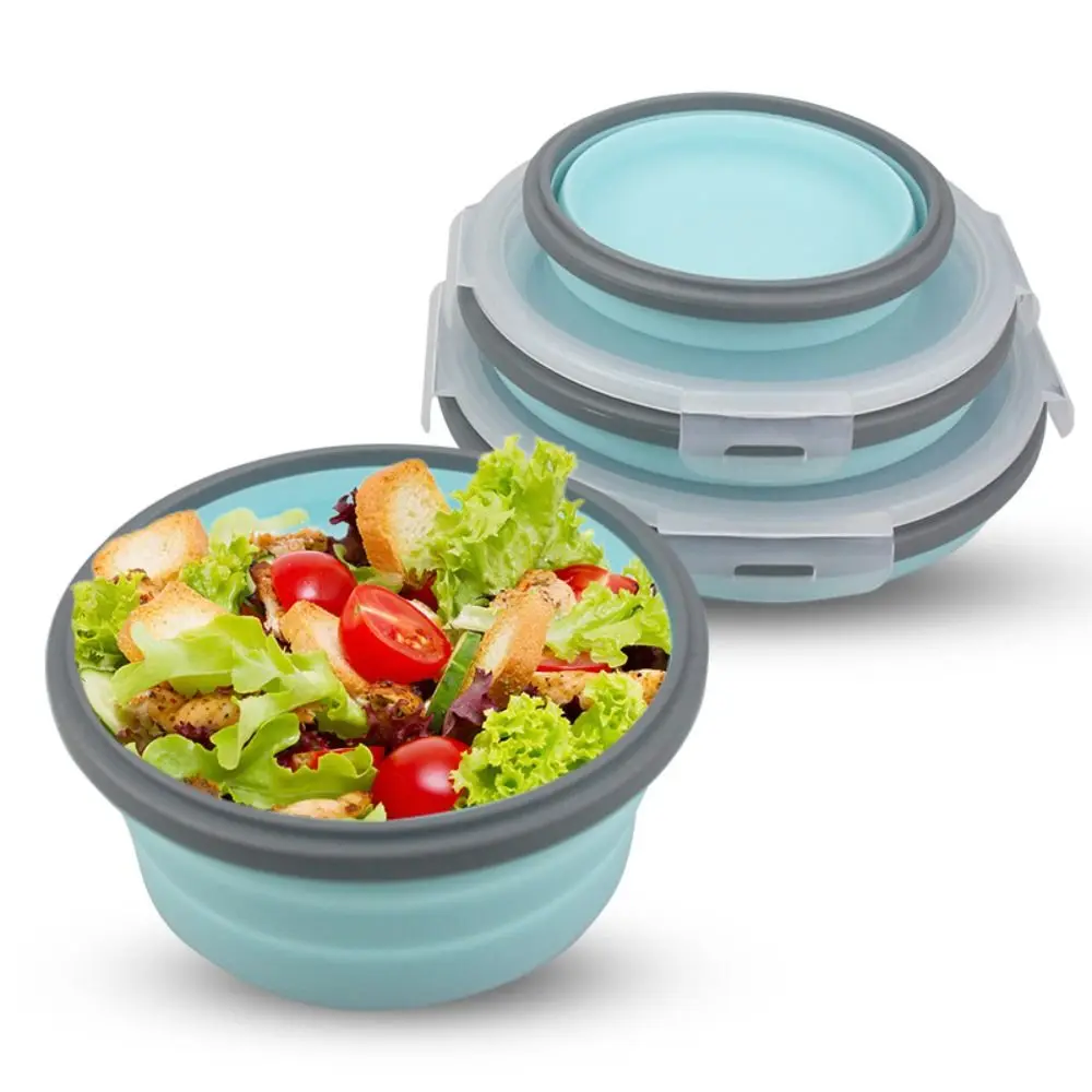 Round Silicone Folding Lunch Box Microwave Folding Bowl Portable Folding Food Container Box Salad Bowl With Lid