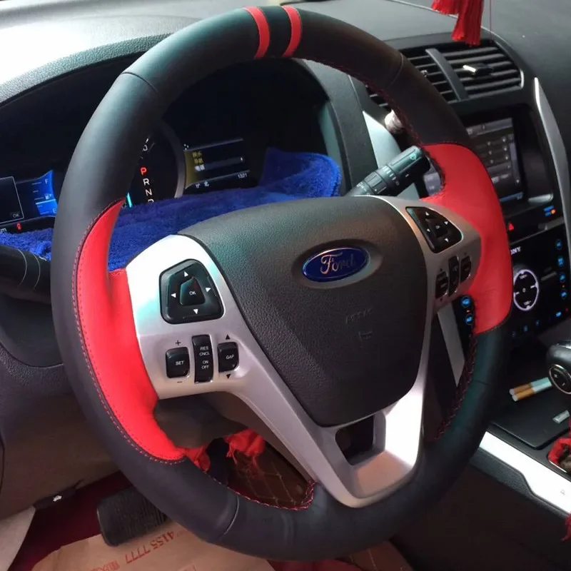 

DIY ручная вышивка персиковое дерево углеродное волокно замша кожаный чехол на руль автомобиля для Ford Taurus Everest F-150