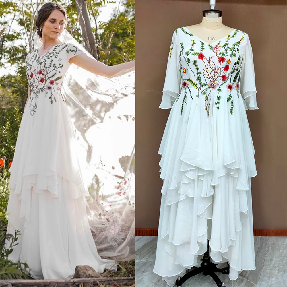 Embroidery Lace A Line Chiffon Customized Wedding Dress V Neck Illusion Modest Floral Irregular Lenth Ruffled Bridal Gowns