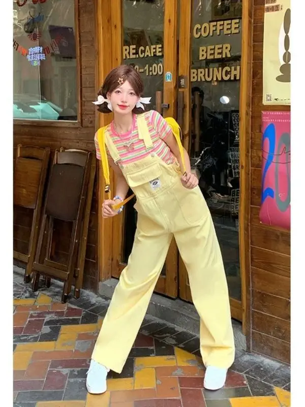 Summer Overalls Sweet Girl New Korean Fashion Yellow Workwear Style Denim Jumpsuit for Women Loose Causal Cargo Pants Women