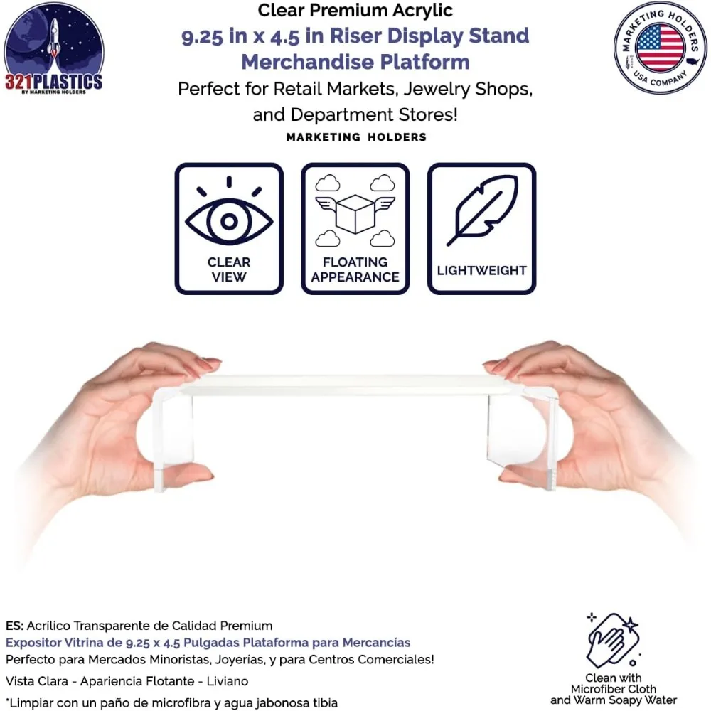 Stand display riser akrilik bening, lebar 9 inci x kedalaman 4,5 inci, platform pajangan meja persegi panjang dari bahan lucite untuk pajangan koleksi mer
