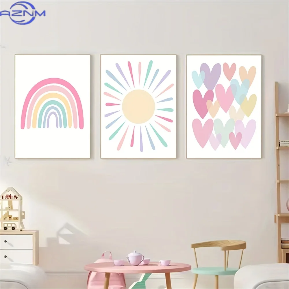 2D Flat 3pcs Set/Pink and Purple Heart Rainbow Art Posters/Unframed Cartoon Sun Canvas Paintings/Nursery Art Prints/Modern Bohem