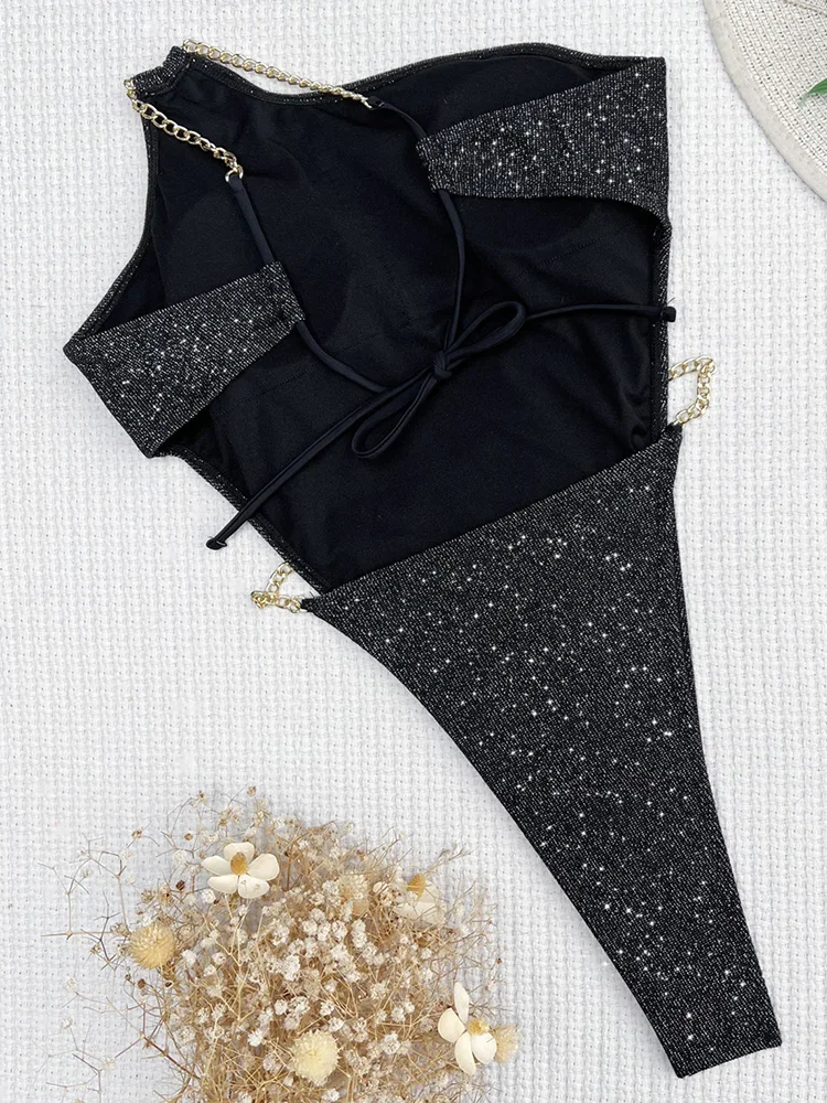 Glitter Sparkling High Leg Cut One Shoulder Women Swimwear One Piece Swimsuit Female Backless Monokini Bather Bathing Suit Swim