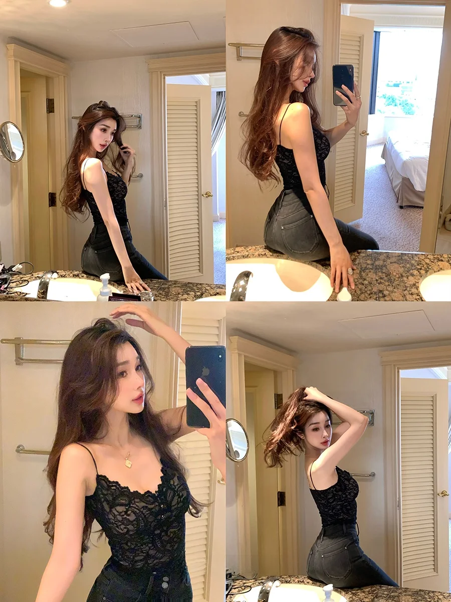 

Sexy Bla Lace Strap Vest Women's Slim Fit Base irt Beautiful Ba Elastic Women's Faion Spring Autumn Winter Casual Wear