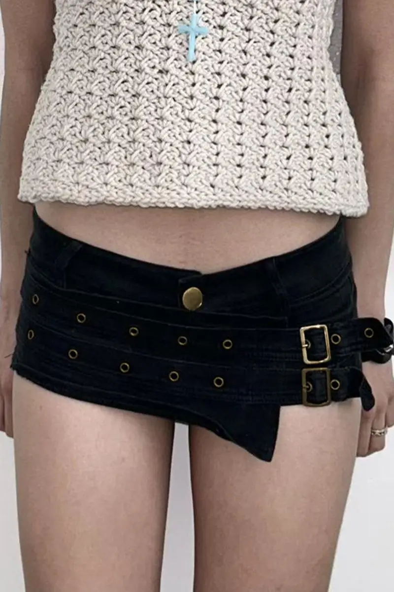 

Y2K Low Waist Sexy Hot Shorts Women Slim Fit Gothic Style Dark Metal Buckle Patchwork Streetwear Clubwear Summer Shorts Fashion