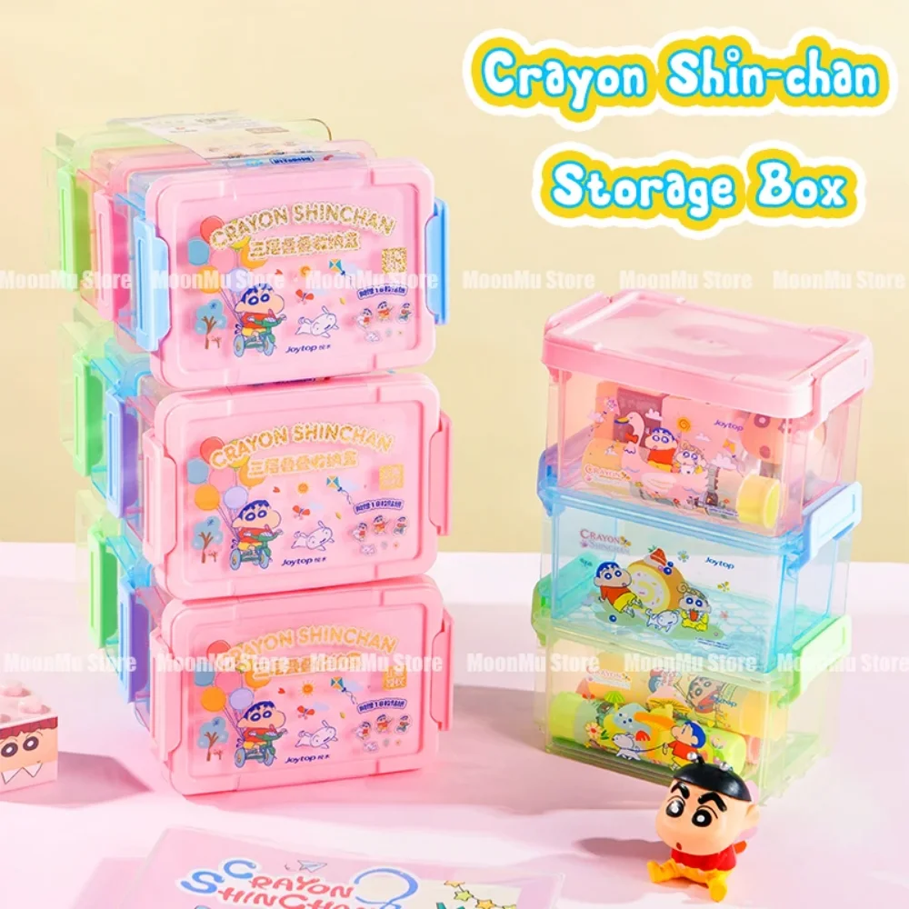 Genuine Crayon Shin‑Chan Stackable Storage Box Cartoon 3‑Layer Clear Plastic Organizer For Desk Sundry Cotton Swabs Small Item
