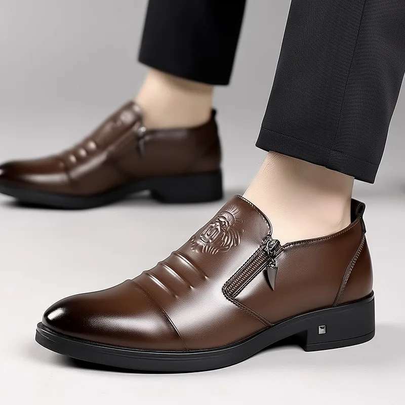 Spring Autumn Fashion Casual Men's Derby Shoes Solid Color New Designer Dress Shoe Male Round Head Zipper Leather Shoes Man image 3