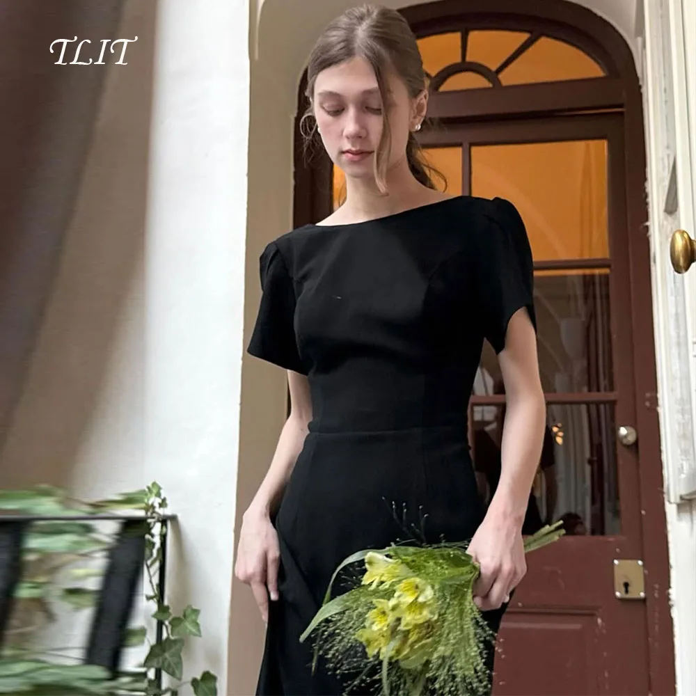 

TLIT Simple Black Elastic Satin Evening Dress이브닝 드레스 Корейские свадебные платья Фотосессия О-образным вырезом Пром платья по индивидуальному заказу