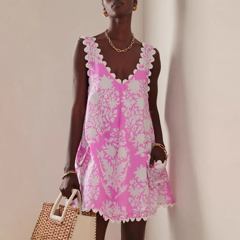 Robe d'été transparente à imprimé Floral coloré pour femmes, sans manches, dos nu, col en V, robes de plage et de vacances pour femmes, Mini robe Boho