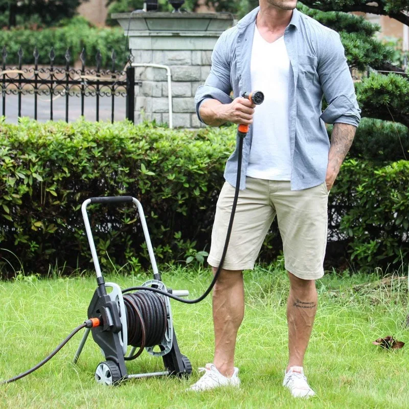 

Растягивающийся садовый шланг 50 футов, сверхпрочный, устойчивый к перегибам, герметичный, гибкий, для полива на открытом воздухе, мойки автомобилей, кемперов, газонов, с катушкой для шланга