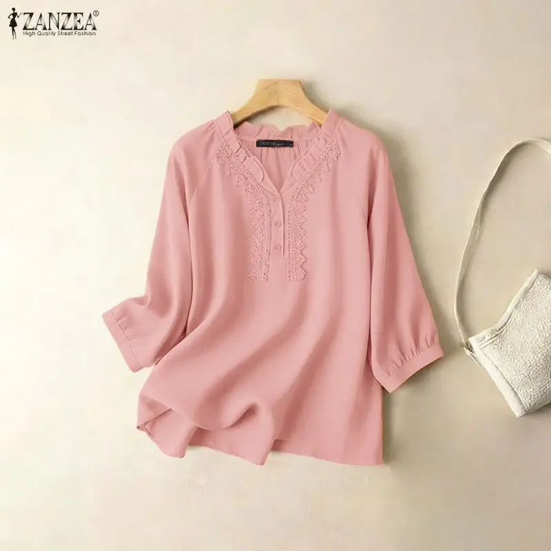 Femmes Blouse 2026 ZANZEA été dentelle garniture Blouses décontracté col en V 3/4 manches hauts Patchwork travail chemise Femme rétro coton Chemsie