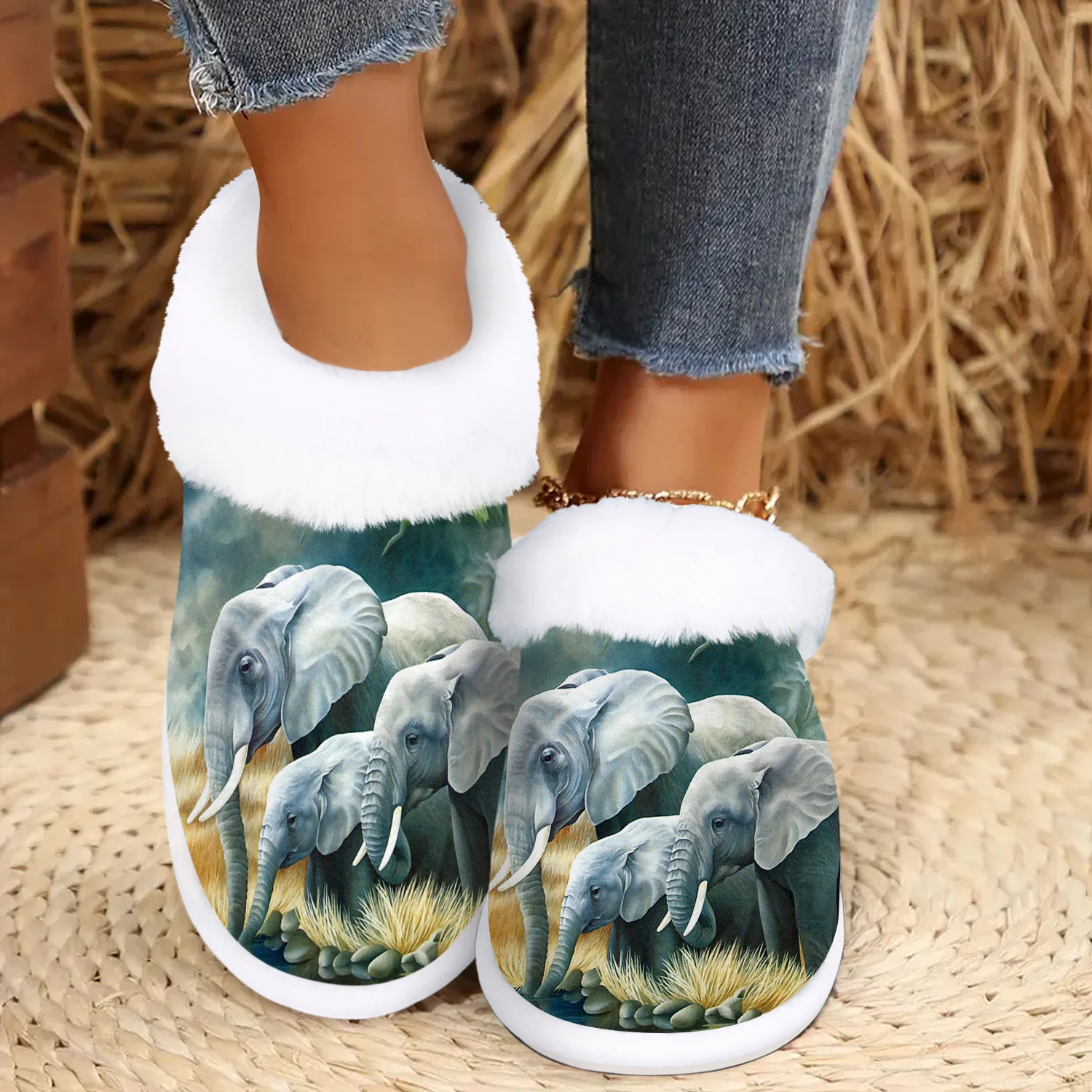 

Women'S Cozy Elephant Print Slip-On House Slippers - Soft Fabric Lining, Non-Slip Rubber Sole, All-Season Comfort for Indoor