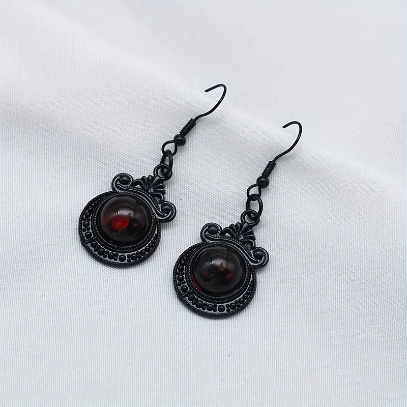 Vampire Blood Red Round synthetic gems Decor Black Dangle Earrings Retro Goth Style Alloy Jewelry Creative Female Gift Daily Cas