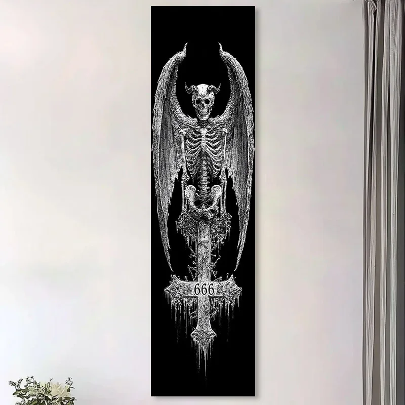 VIKAMA Devil Wings Tapestry Skull - Reverse Cross Wall Hanging, Satanic Art Cloth, Dark Gothic Decor for Men, Edgy Room