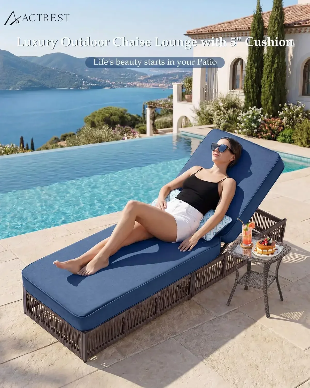 Luxury Outdoor Chaise Lounge with 5 Inch Thickened Cushions - 1 Set High Back Brown Wicker Patio Recliners Rattan Reclining Chai