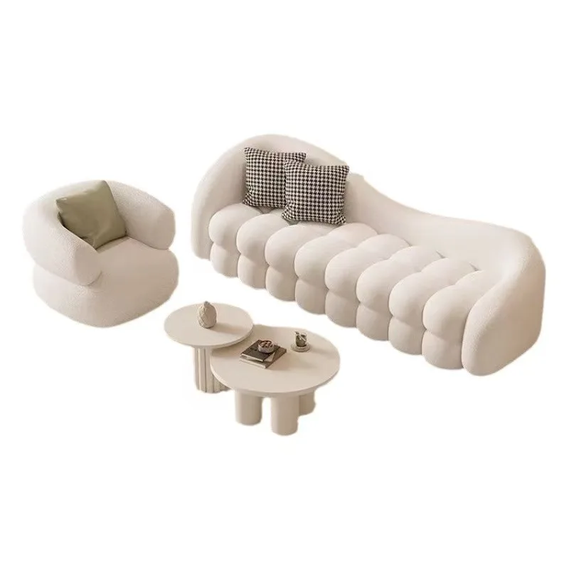 ！@ Curved Nordic Sofa Set Modern Boucle Fabric Cloud Sofa with Armchair & Ottoman Wavy Living Room Furniture for Hotel Use - view 5