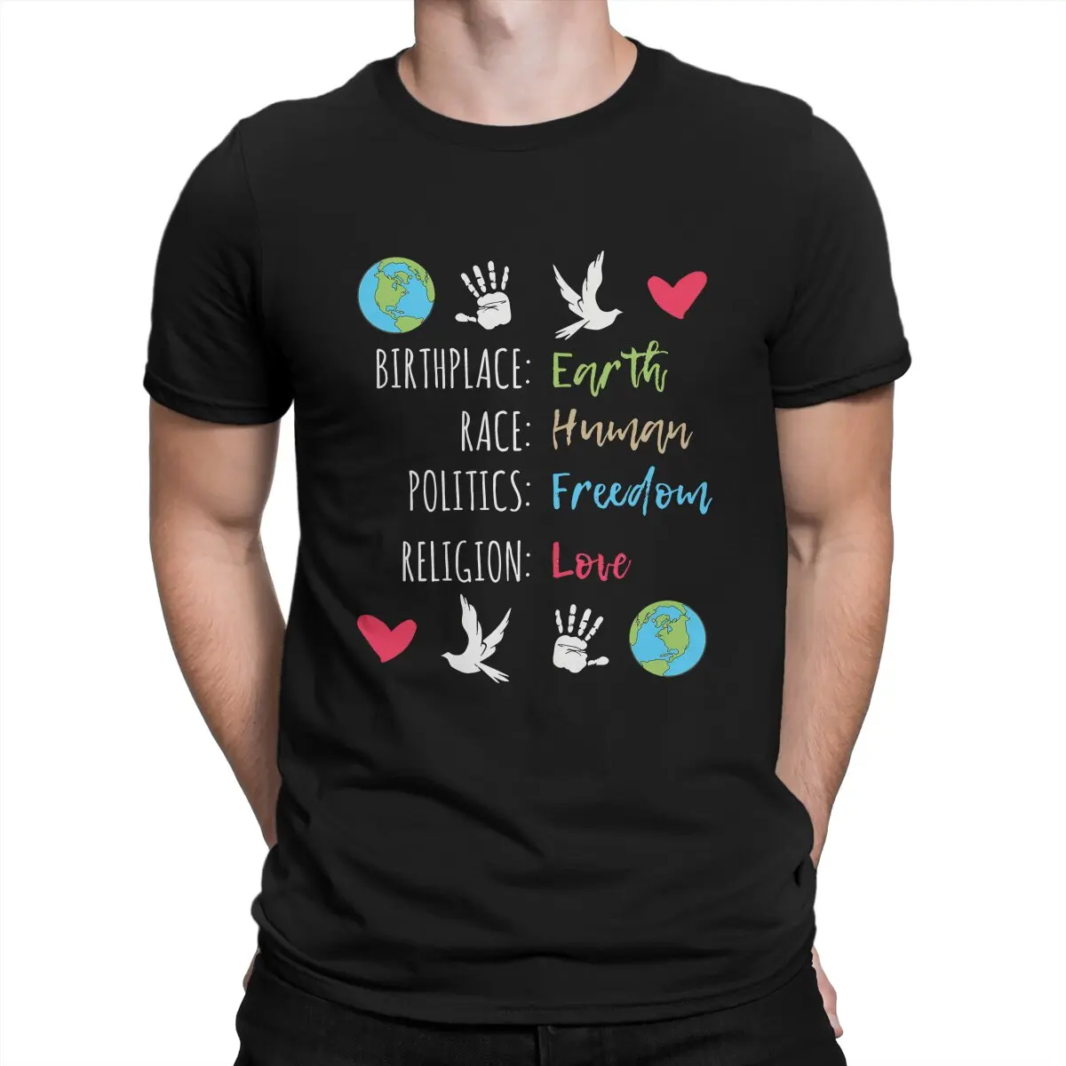 Birthplace Earth Race Human Politics Religion Love Hipster TShirts Peace Dove Men Harajuku Fabric Tops T Shirt O Neck 