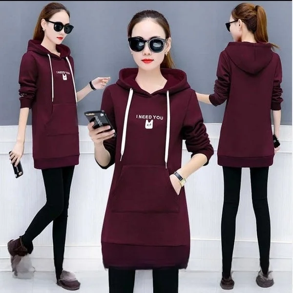 Thickened Fleece Women's Hoodie Dress Long Sleeve Affordable Autumn Cotton Blend Comfortable Commute Style Mid-Length Coat
