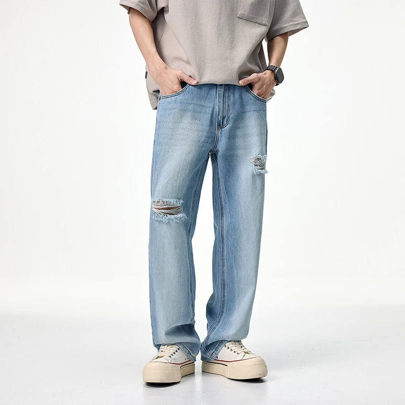 Men Streetwear Fashion Loose Casual Broken Hole Denim Ripped Jeans Pants Cityboy Plus Size Baggy Jeans Trousers