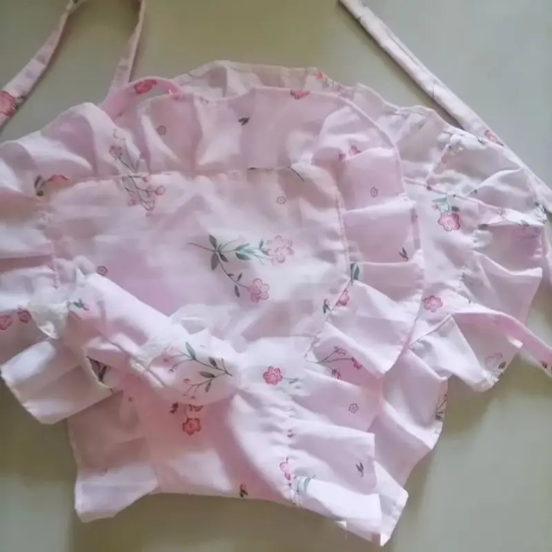 Handmade Men Cotton Pink Floral Print Briefs Ruffle Soft Comfortable Breathable Lace-Up Cross-dressing Lingerie Party Underpants