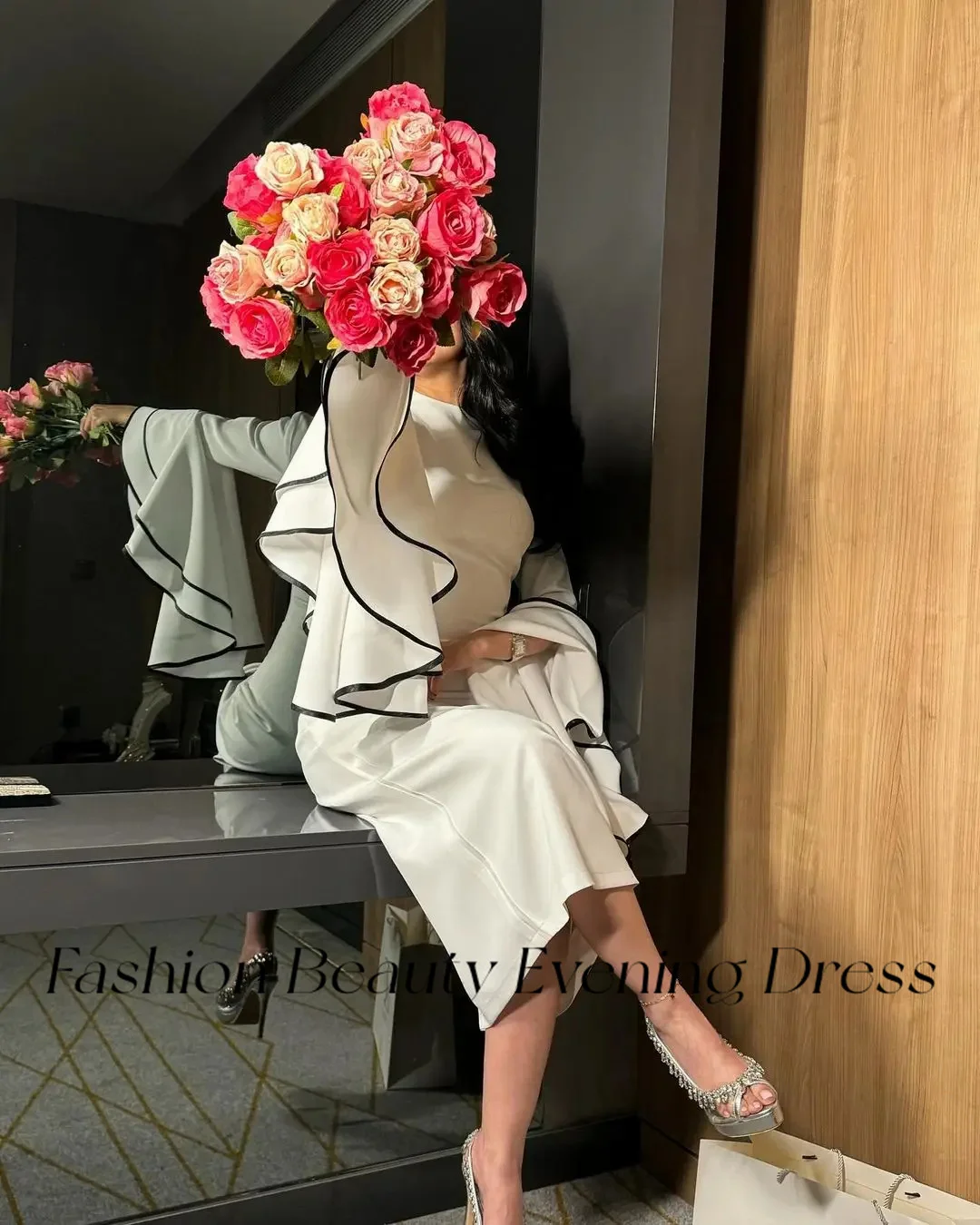 Fashion Beauty Evening Dresses Flare Sleeves Tea-Length Back Slit Simple Elegant Party Dress For Women 2024 vestidos de gala image 3