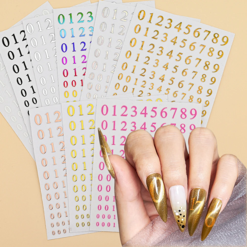 9 Teile/satz 0-9 Zahlen 3D Nail art Aufkleber Gold/Silber/Bunte Arabische Ziffern Design Selbst-klebe Sliders DIY Maniküre Aufkleber