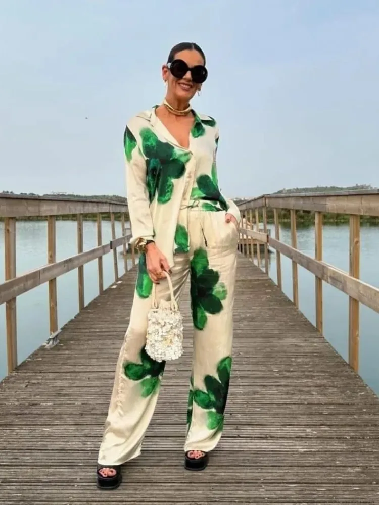 Fashion Large Flower Print Blouse And Wide Leg Pant Set Loose Shirts Top+Elastic Waist Pocket Trouser Chic Spring Two Piece Set