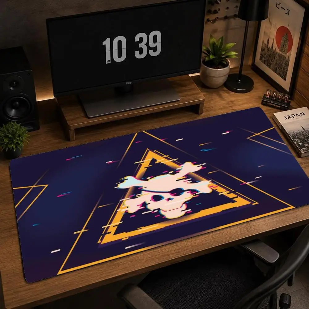 Large XXL Deskmat Neon Glitch Pirate Skull Flag Ocean Mouse Pad Non‑Slip Rubber Overlocked Mousepads Keyboard Table Mat Mats