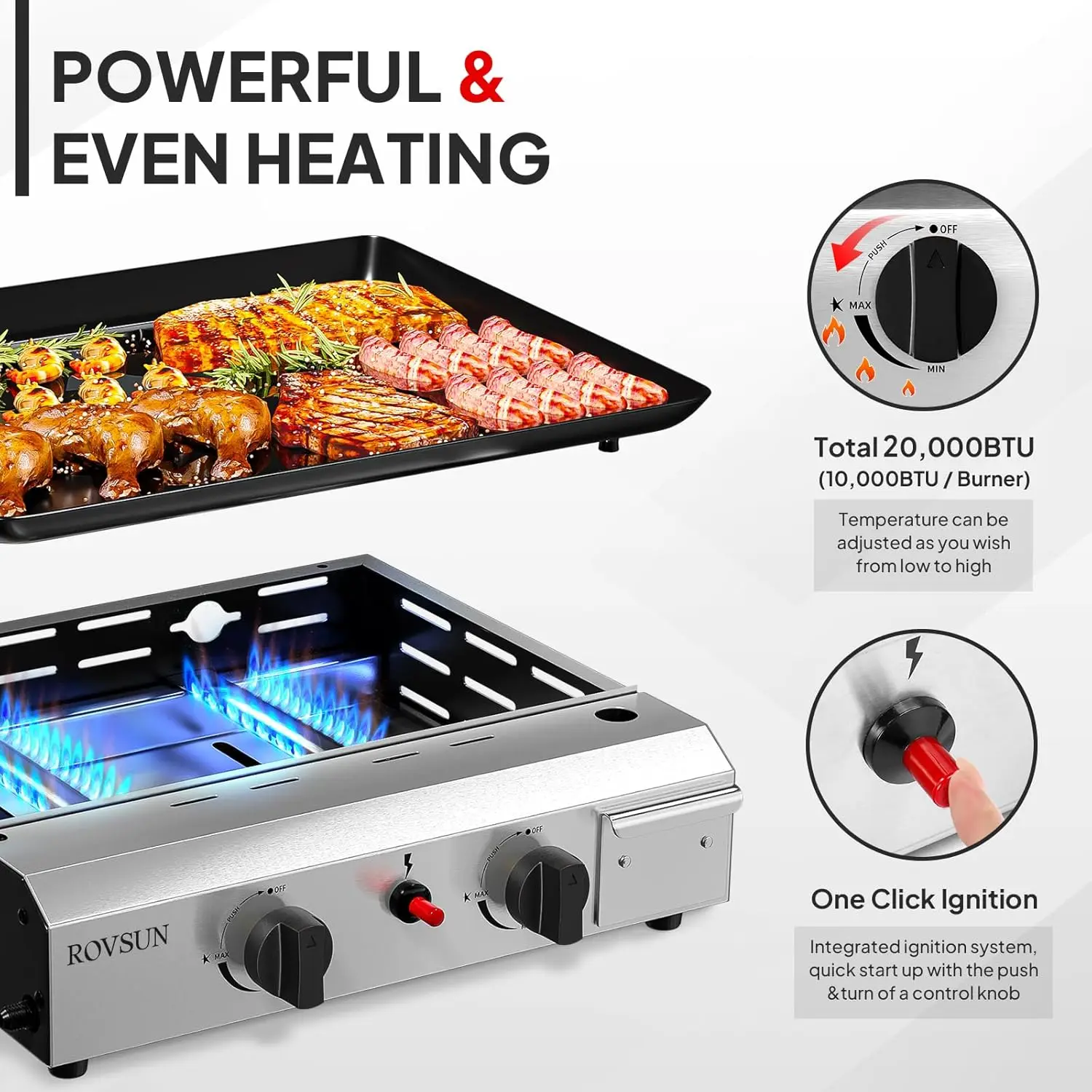 20,000BTU Portable Propane Griddle with Enameled Tray, Electronic Ignition & Regulator for Outdoor Camping Cooking BBQ