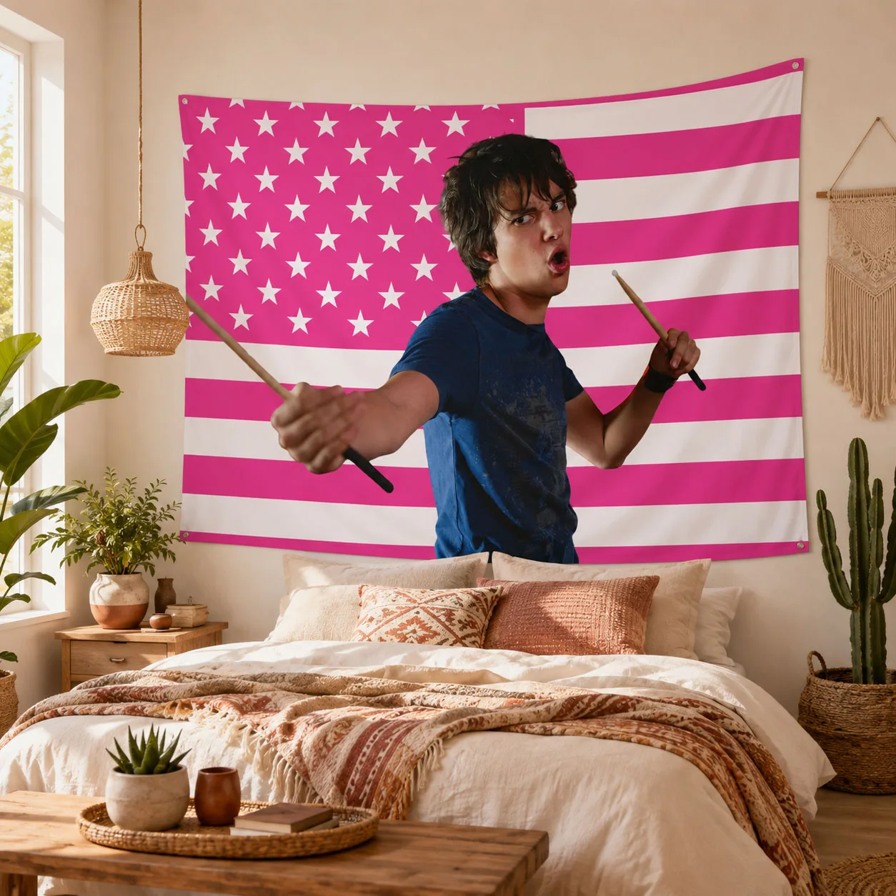 Rodrick Drumstick Tapestry, Devon Bostick Pink Flag Rodrick Heffley Indoor Wall Tapestry Wall Decor for Bedroom Living Room Dorm