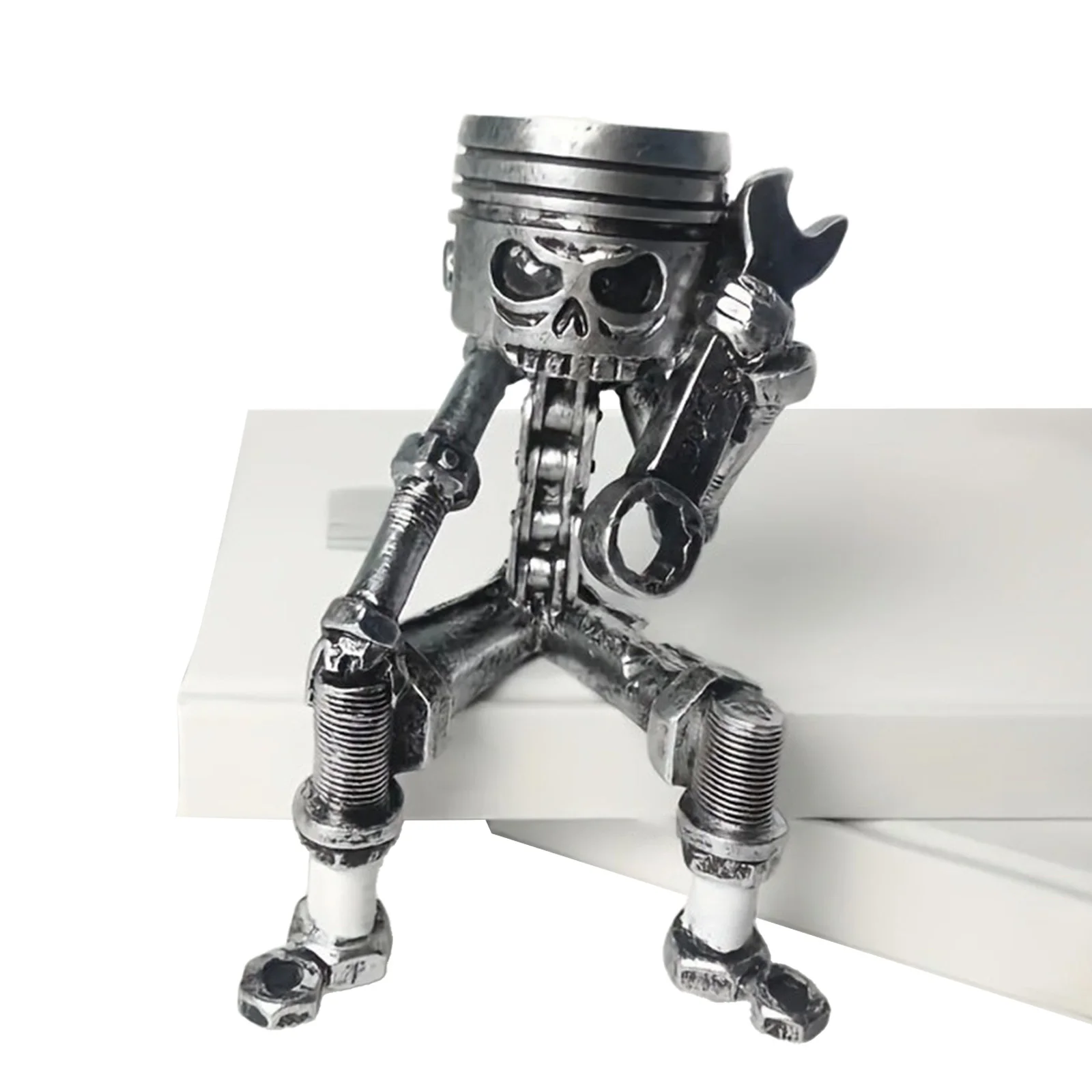 Resin Handmade Art Figurine Waterproof & Drop-Resistant Wrench Gear Skull Human Crafts Compact for Office Home Table Decoration