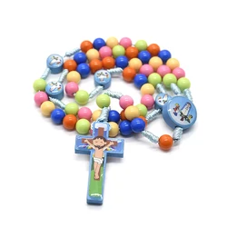 Cartoon Cross Pendant Necklace Kid Rosary plastic beads Catholic Religious Jewelry Girl Gift