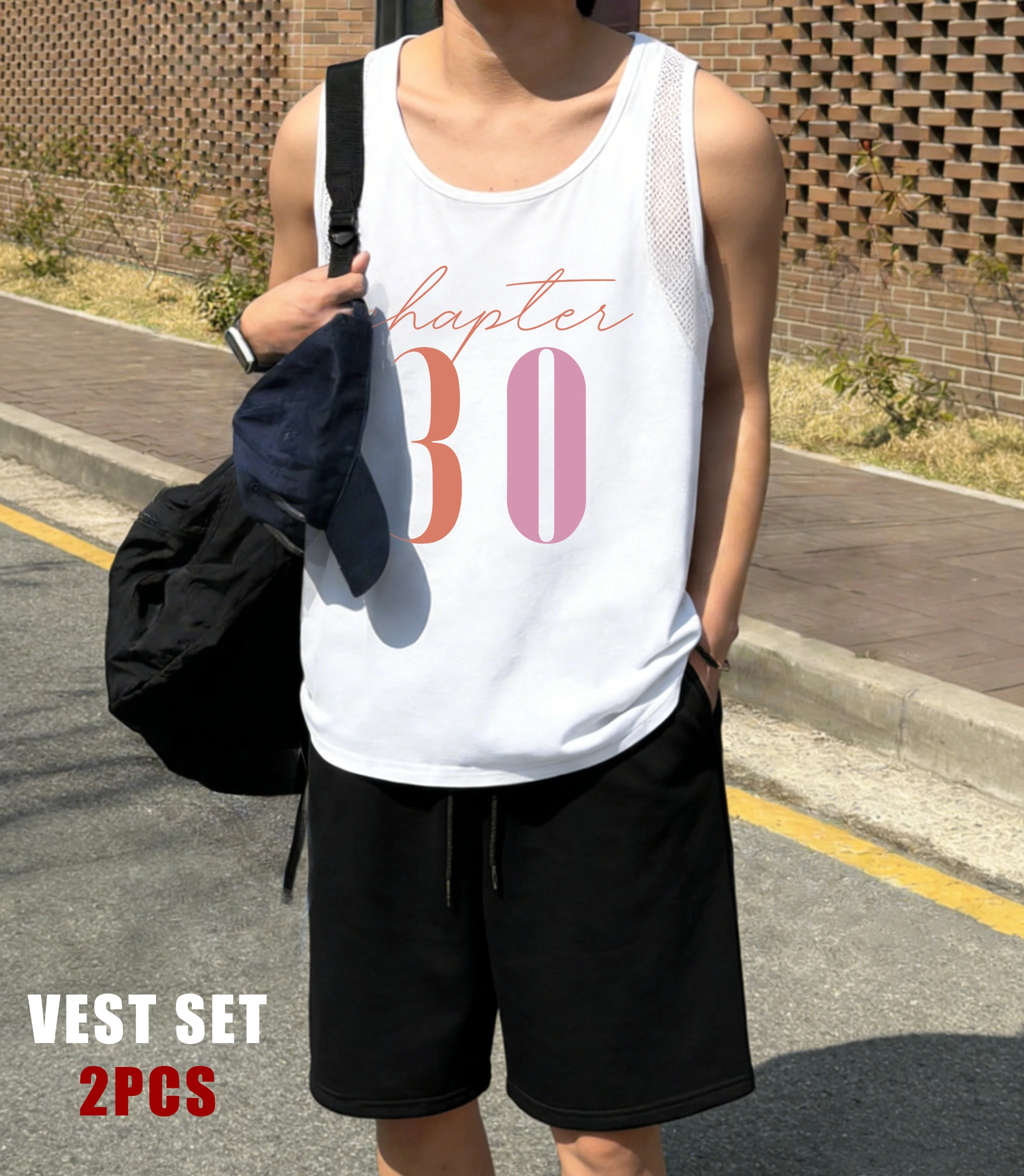 

Chapter 30 Art Letter Print Men Reticular Vests Set Summer Drawstring Basics Sweatpants Unisex All-Match Breathable Singlet