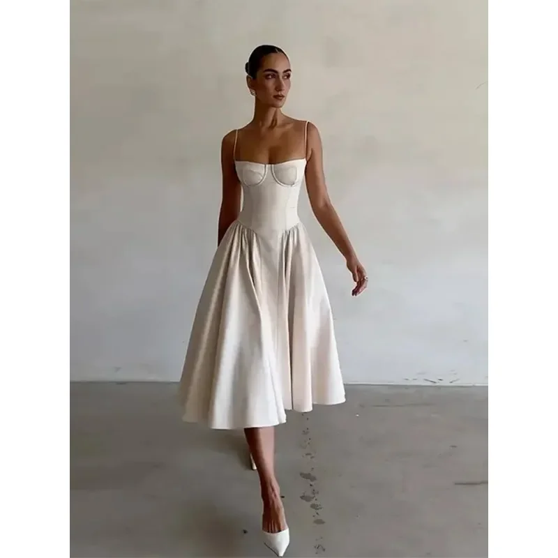 Women Sexy Solid Sling Midi Dress Fashion Sleeveless Backless Pleated Hem Dresses 2024 Summer Female Party Evening A-line Robes