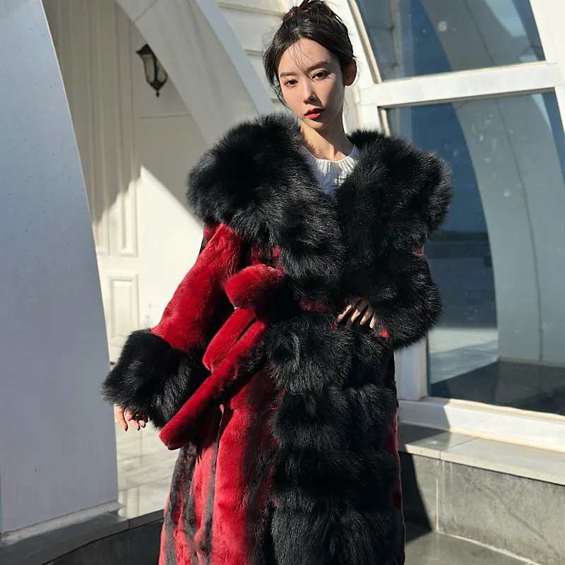Abrigos de piel auténtica de conejo Rex para mujer, Chaqueta larga con capucha de zorro Natural, a la moda, invierno, 2023